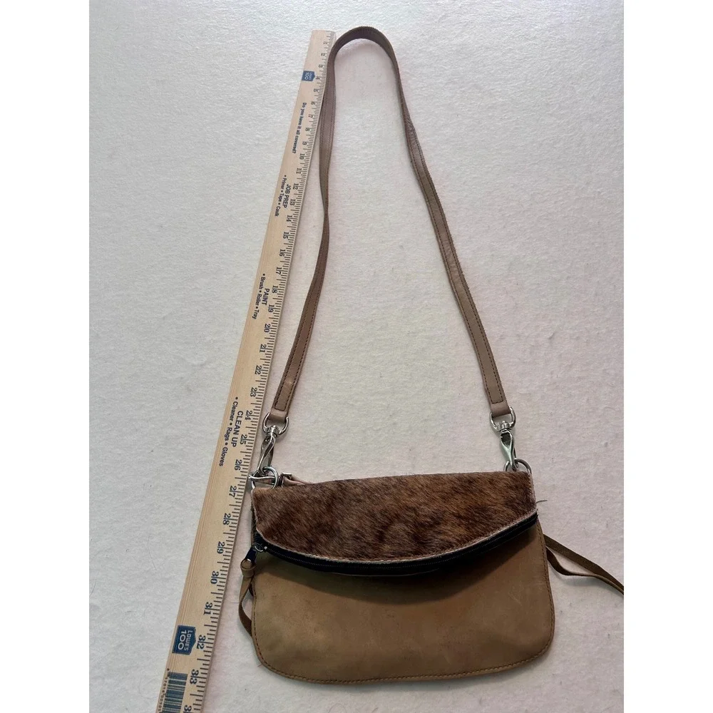 Tan Leather Cowhide Hair On Hide Foldover Crossbody Wristlet Bag